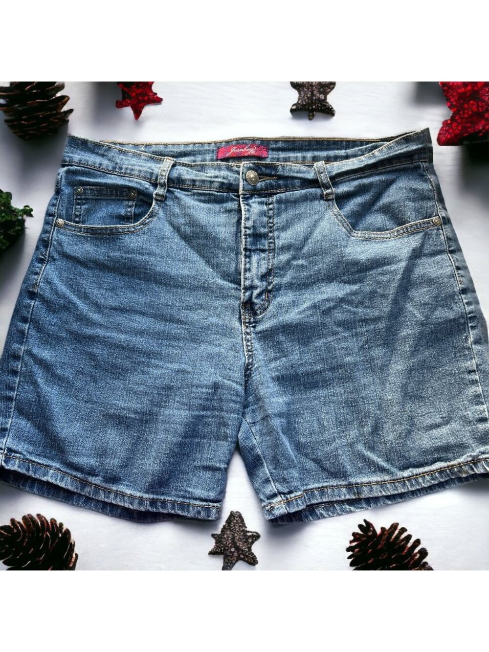 Jeanbay Denim Jean Shorts Flap Back Pockets Embroidered Rhinestones Sz 12